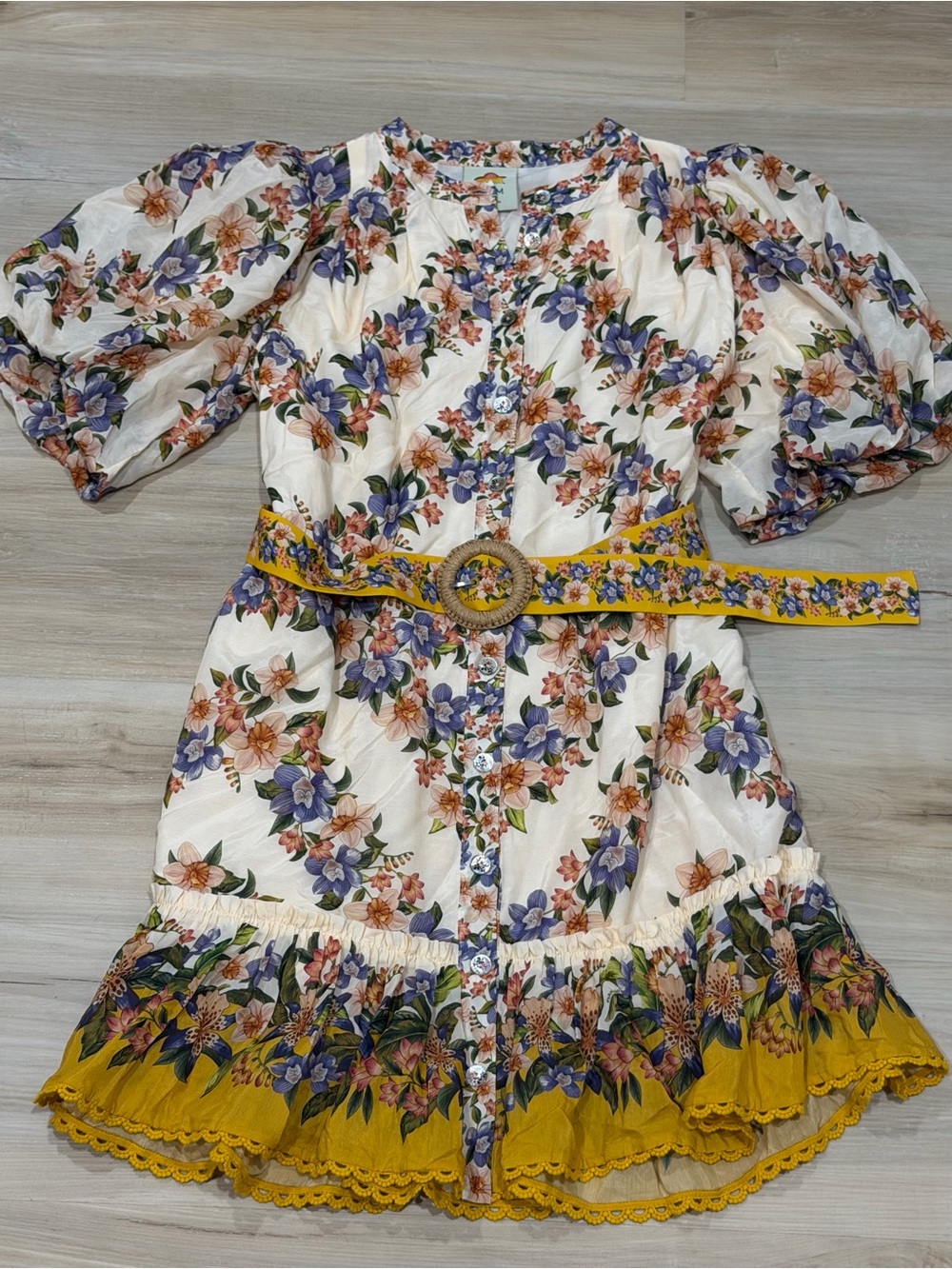 FARM Rio Cream Floral Puff-Sleeve Dress with Yellow Trim and Belt